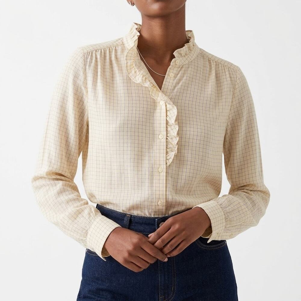 Paris Atelier Other Stories Blouse Women's Sz 8 Yellow Plaid Ruffle Long Sleeve
